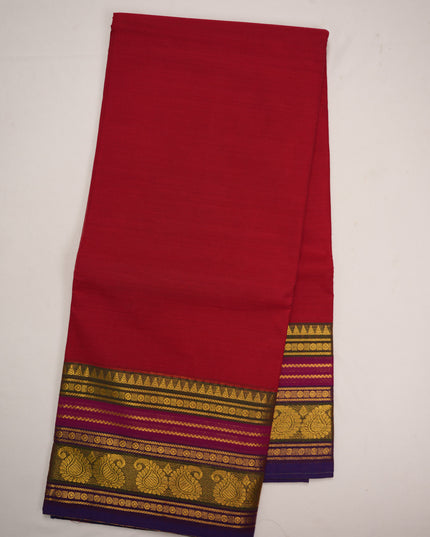 Premium Kanchi Handloom Cotton Saree in Vibrant Rani Pink with Traditional Gold Zari Paisley Weaving & Contrast Royal Purple Border