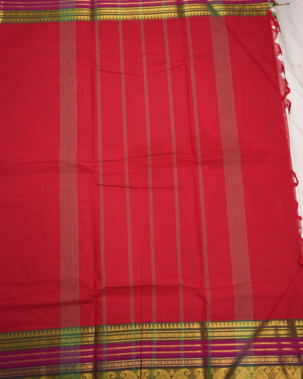 Premium Kanchi Handloom Cotton Saree in Vibrant Rani Pink with Traditional Gold Zari Paisley Weaving & Contrast Royal Purple Border
