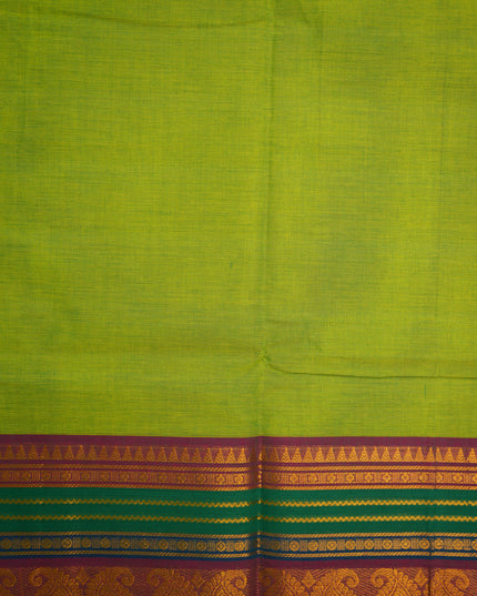 Premium Kanchi Handloom Cotton Saree in Fresh Parrot Green with Traditional Gold Zari Paisley Weaving & Contrast Emerald Green-Royal Blue Border