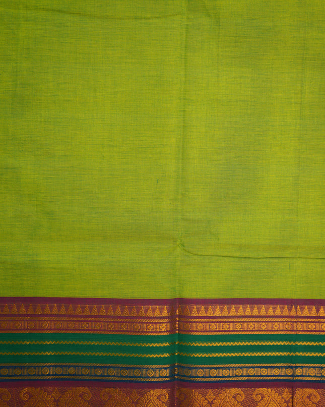 Premium Kanchi Handloom Cotton Saree in Fresh Parrot Green with Traditional Gold Zari Paisley Weaving & Contrast Emerald Green-Royal Blue Border