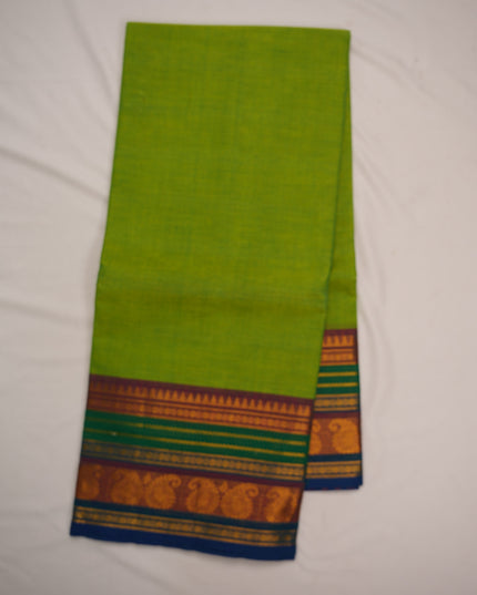 Premium Kanchi Handloom Cotton Saree in Fresh Parrot Green with Traditional Gold Zari Paisley Weaving & Contrast Emerald Green-Royal Blue Border