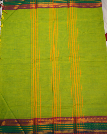 Premium Kanchi Handloom Cotton Saree in Fresh Parrot Green with Traditional Gold Zari Paisley Weaving & Contrast Emerald Green-Royal Blue Border