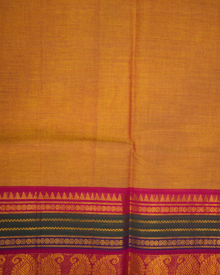 Premium Kanchi Handloom Cotton Saree in Mustard Gold Yellow with Traditional Gold Zari Paisley Weaving & Contrast Rani Pink-Royal Purple Border
