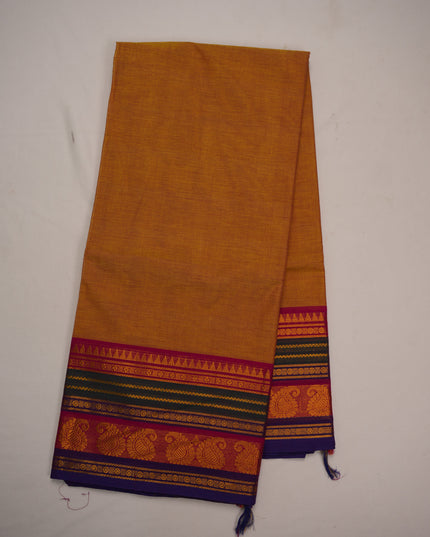 Premium Kanchi Handloom Cotton Saree in Mustard Gold Yellow with Traditional Gold Zari Paisley Weaving & Contrast Rani Pink-Royal Purple Border