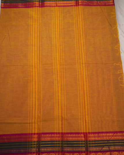 Premium Kanchi Handloom Cotton Saree in Mustard Gold Yellow with Traditional Gold Zari Paisley Weaving & Contrast Rani Pink-Royal Purple Border