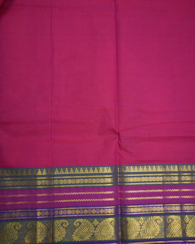 Premium Kanchi Handloom Cotton Saree in Vibrant Rani Pink with Gold Zari Paisley Weaving & Contrast Royal Purple Border