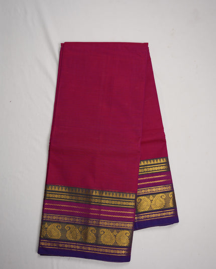 Premium Kanchi Handloom Cotton Saree in Vibrant Rani Pink with Gold Zari Paisley Weaving & Contrast Royal Purple Border