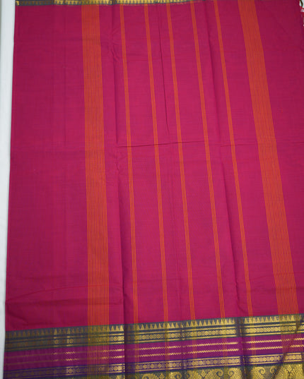 Premium Kanchi Handloom Cotton Saree in Vibrant Rani Pink with Gold Zari Paisley Weaving & Contrast Royal Purple Border