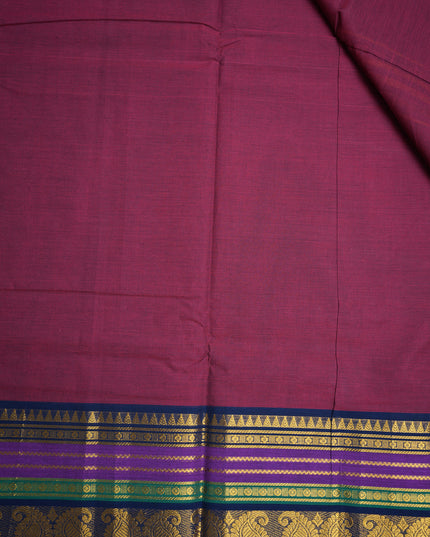 Premium Kanchi Handloom Cotton Saree in Rich Maroon Red with Gold Zari Paisley Weaving & Contrast Emerald Green-Purple Border