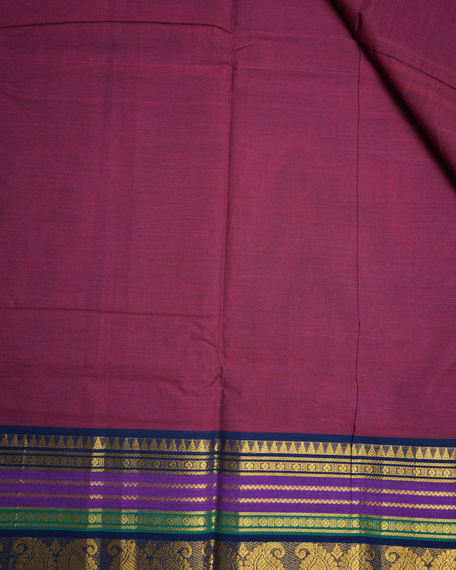 Premium Kanchi Handloom Cotton Saree in Rich Maroon Red with Gold Zari Paisley Weaving & Contrast Emerald Green-Purple Border