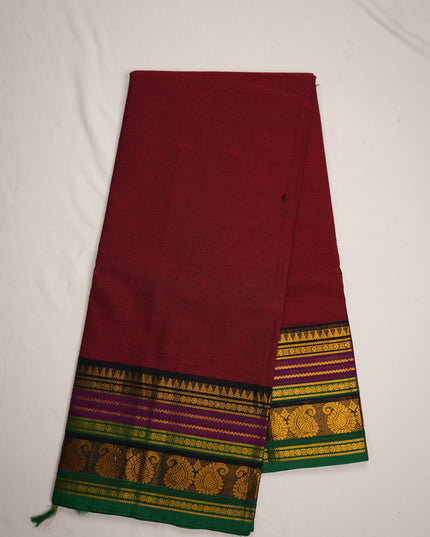 Premium Kanchi Handloom Cotton Saree in Rich Maroon Red with Gold Zari Paisley Weaving & Contrast Emerald Green-Purple Border