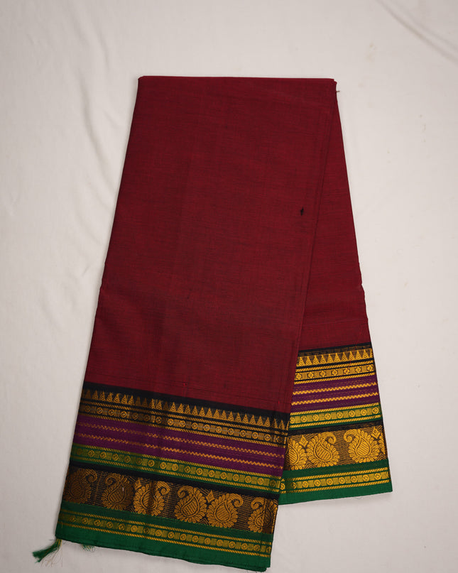 Premium Kanchi Handloom Cotton Saree in Rich Maroon Red with Gold Zari Paisley Weaving & Contrast Emerald Green-Purple Border
