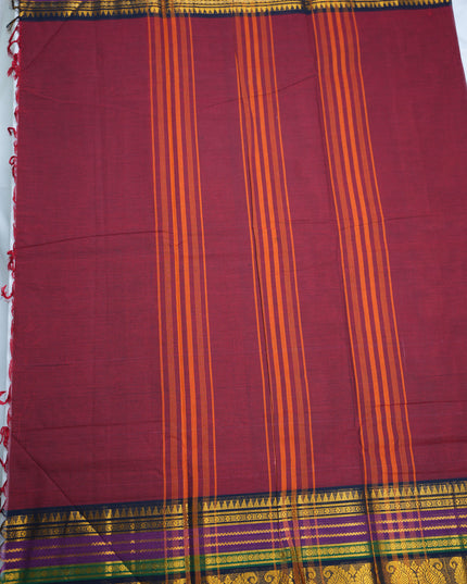 Premium Kanchi Handloom Cotton Saree in Rich Maroon Red with Gold Zari Paisley Weaving & Contrast Emerald Green-Purple Border