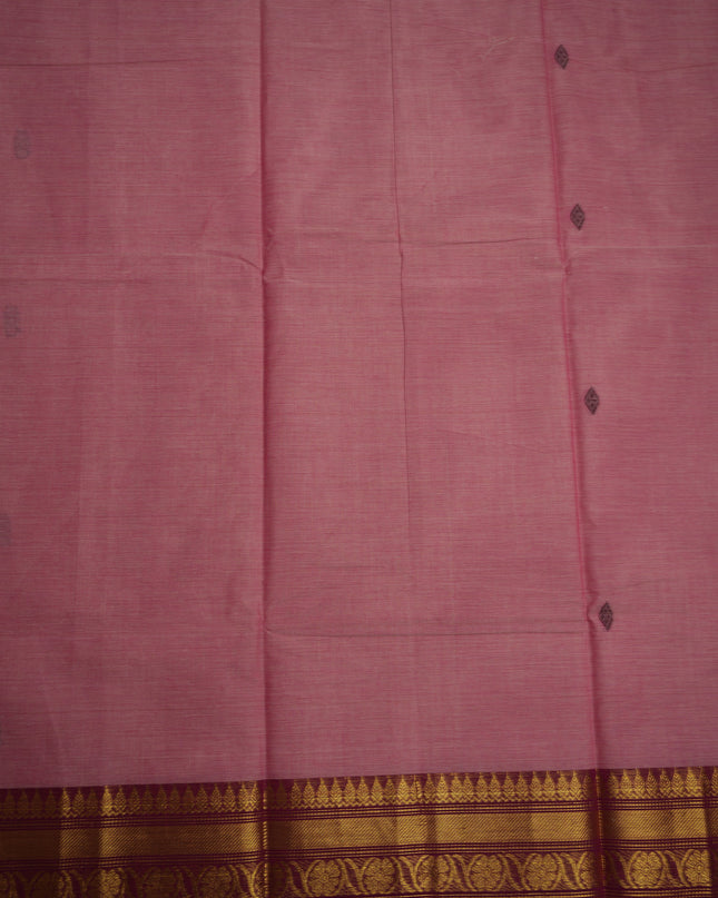 Premium Kanchi Handloom Cotton Saree in Soft Blush Pink with Traditional Butta Motifs & Rich Gold Zari Maroon Border