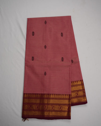 Premium Kanchi Handloom Cotton Saree in Soft Blush Pink with Traditional Butta Motifs & Rich Gold Zari Maroon Border