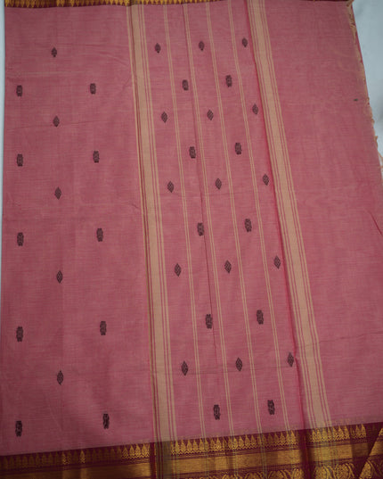 Premium Kanchi Handloom Cotton Saree in Soft Blush Pink with Traditional Butta Motifs & Rich Gold Zari Maroon Border