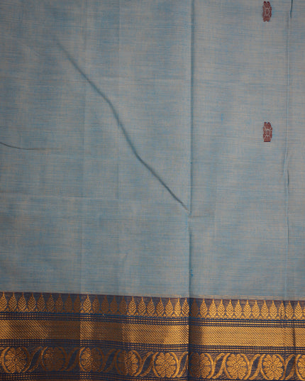 Premium Kanchi Handloom Cotton Saree in Powder Sky Blue with Traditional Butta Motifs & Rich Gold Zari Navy Blue Border