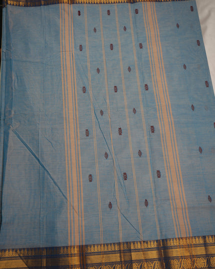 Premium Kanchi Handloom Cotton Saree in Powder Sky Blue with Traditional Butta Motifs & Rich Gold Zari Navy Blue Border