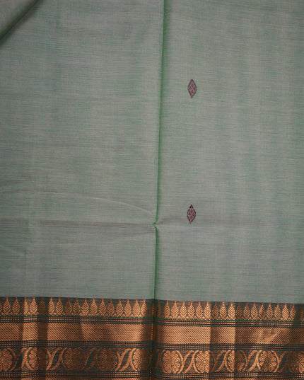 Premium Kanchi Handloom Cotton Saree in Soft Sage Green with Traditional Butta Motifs & Rich Gold Zari Dark Green Border