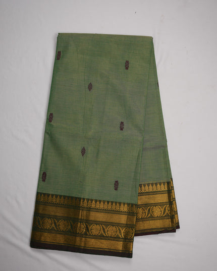 Premium Kanchi Handloom Cotton Saree in Soft Sage Green with Traditional Butta Motifs & Rich Gold Zari Dark Green Border