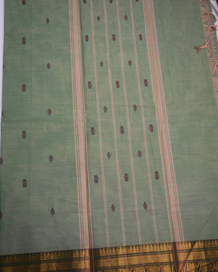Premium Kanchi Handloom Cotton Saree in Soft Sage Green with Traditional Butta Motifs & Rich Gold Zari Dark Green Border