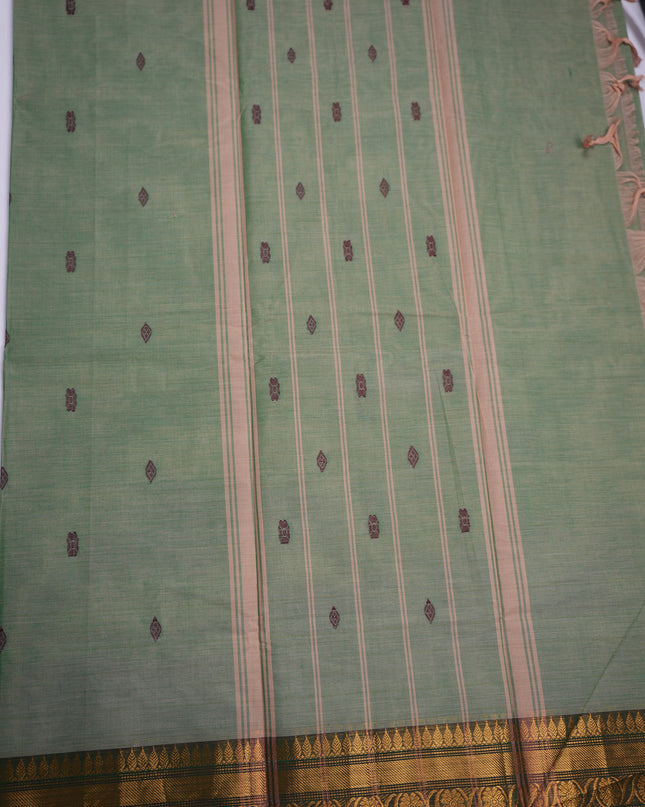 Premium Kanchi Handloom Cotton Saree in Soft Sage Green with Traditional Butta Motifs & Rich Gold Zari Dark Green Border