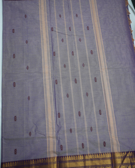 Premium Kanchi Handloom Cotton Saree in Soft Lavender Grey with Traditional Butta Motifs & Rich Gold Zari Royal Purple Border