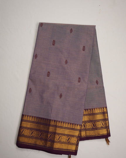 Premium Kanchi Handloom Cotton Saree in Soft Lavender Grey with Traditional Butta Motifs & Rich Gold Zari Royal Purple Border
