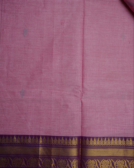Premium Kanchi Handloom Cotton Saree in Baby Pink with Navy Buttas & Rich Gold Zari Border
