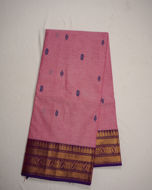 Premium Kanchi Handloom Cotton Saree in Baby Pink with Navy Buttas & Rich Gold Zari Border