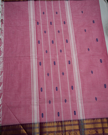 Premium Kanchi Handloom Cotton Saree in Baby Pink with Navy Buttas & Rich Gold Zari Border