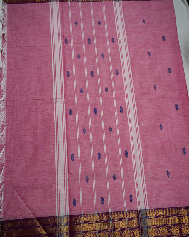 Premium Kanchi Handloom Cotton Saree in Baby Pink with Navy Buttas & Rich Gold Zari Border