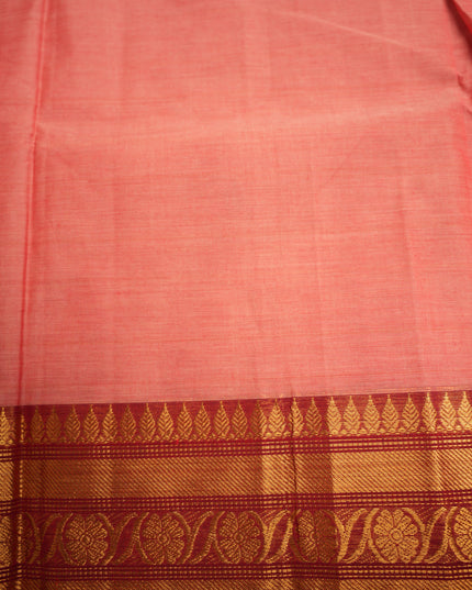 Premium Kanchi Handloom Cotton Saree in Peach Pink with Gold Zari Weaving & Maroon Border