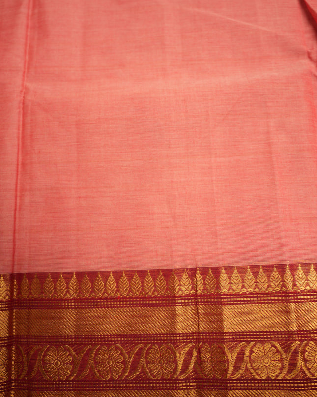 Premium Kanchi Handloom Cotton Saree in Peach Pink with Gold Zari Weaving & Maroon Border