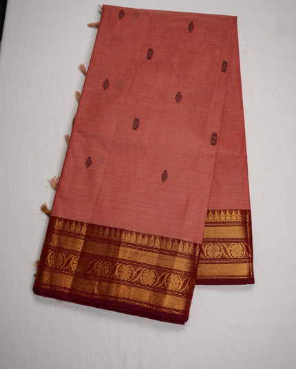 Premium Kanchi Handloom Cotton Saree in Peach Pink with Gold Zari Weaving & Maroon Border