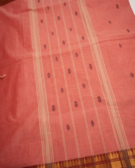 Premium Kanchi Handloom Cotton Saree in Peach Pink with Gold Zari Weaving & Maroon Border