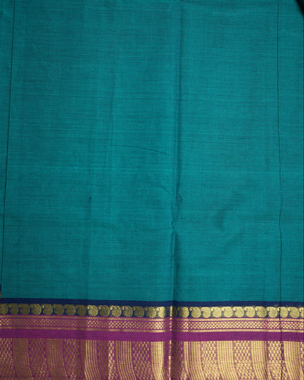Premium Kanchi Handloom Cotton Saree in Deep Peacock Green with Gold Zari Weaving & Contrast Maroon-Navy Border
