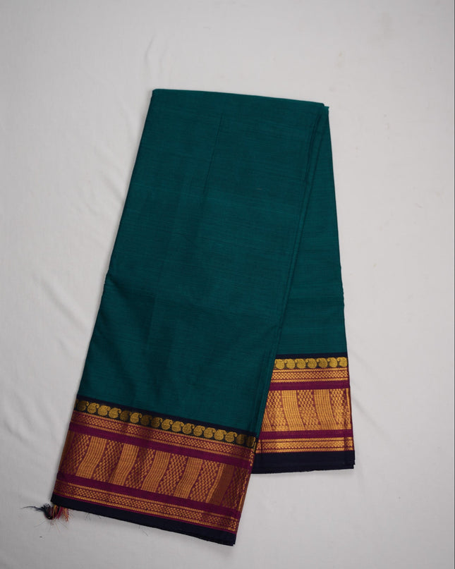 Premium Kanchi Handloom Cotton Saree in Deep Peacock Green with Gold Zari Weaving & Contrast Maroon-Navy Border