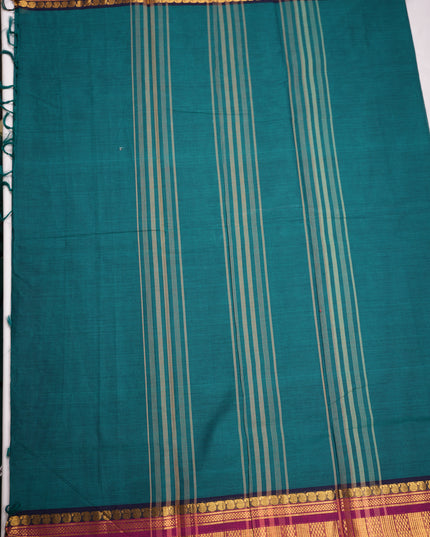 Premium Kanchi Handloom Cotton Saree in Deep Peacock Green with Gold Zari Weaving & Contrast Maroon-Navy Border