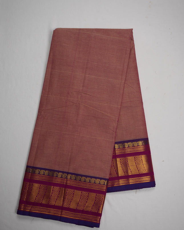 Premium Kanchi Handloom Cotton Saree in Dusty Rose Pink with Gold Zari Weaving & Contrast Magenta-Royal Blue Border