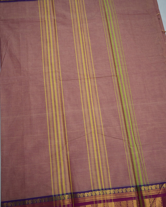 Premium Kanchi Handloom Cotton Saree in Dusty Rose Pink with Gold Zari Weaving & Contrast Magenta-Royal Blue Border