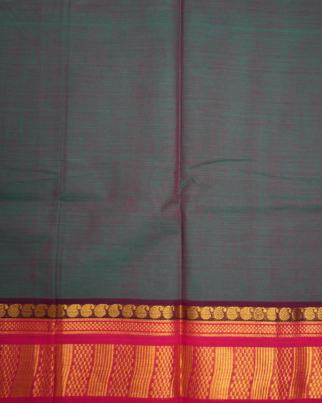 Premium Kanchi Handloom Cotton Saree in Deep Teal Blue with Gold Zari Weaving & Contrast Rani Pink Border