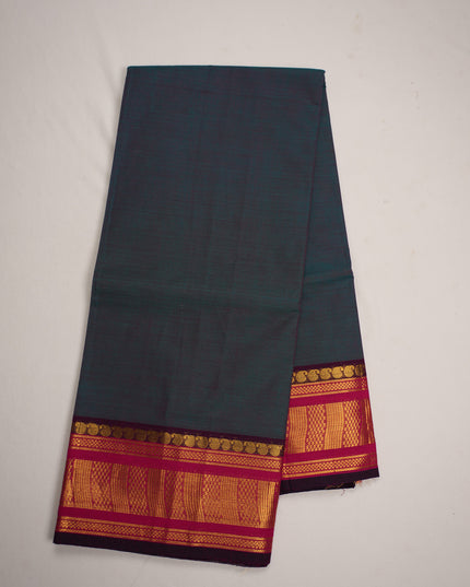 Premium Kanchi Handloom Cotton Saree in Deep Teal Blue with Gold Zari Weaving & Contrast Rani Pink Border