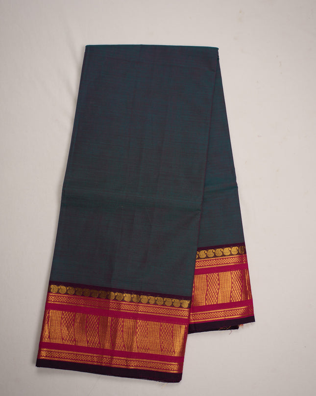 Premium Kanchi Handloom Cotton Saree in Deep Teal Blue with Gold Zari Weaving & Contrast Rani Pink Border