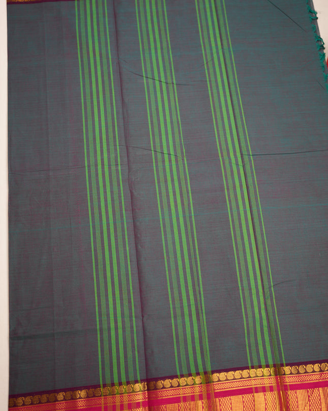 Premium Kanchi Handloom Cotton Saree in Deep Teal Blue with Gold Zari Weaving & Contrast Rani Pink Border