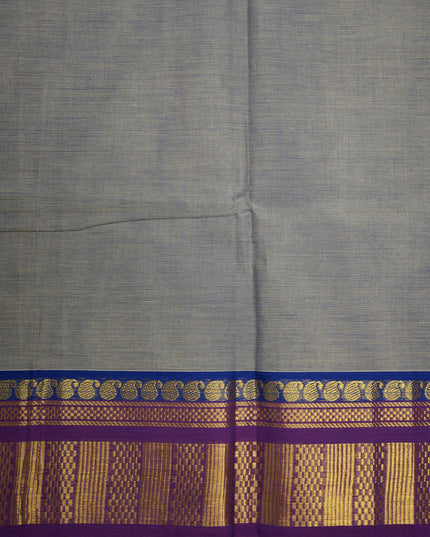 Premium Kanchi Handloom Cotton Saree in Ash Grey with Gold Zari Weaving & Contrast Royal Blue-Purple Border
