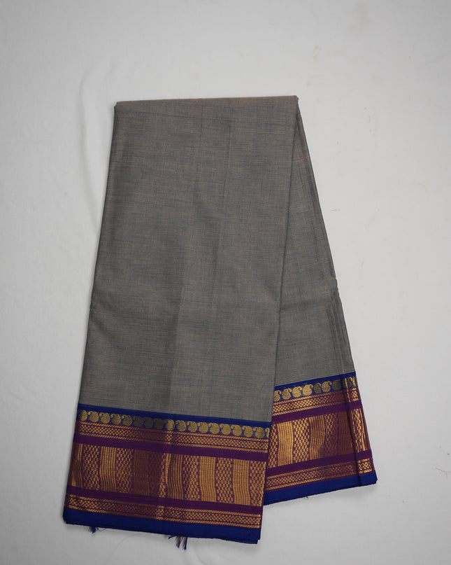 Premium Kanchi Handloom Cotton Saree in Ash Grey with Gold Zari Weaving & Contrast Royal Blue-Purple Border