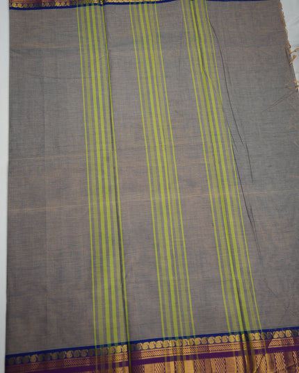 Premium Kanchi Handloom Cotton Saree in Ash Grey with Gold Zari Weaving & Contrast Royal Blue-Purple Border
