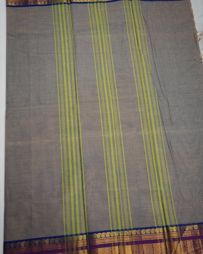 Premium Kanchi Handloom Cotton Saree in Ash Grey with Gold Zari Weaving & Contrast Royal Blue-Purple Border