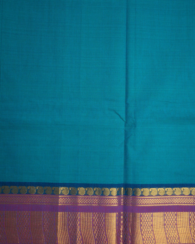 Premium Kanchi Handloom Cotton Saree in Turquoise Blue with Gold Zari Weaving & Contrast Royal Purple Border